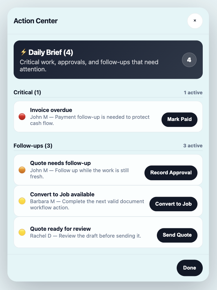 WorkPilot Action Center with one-click actions to record approvals, convert work to jobs, send quotes, and mark invoices paid