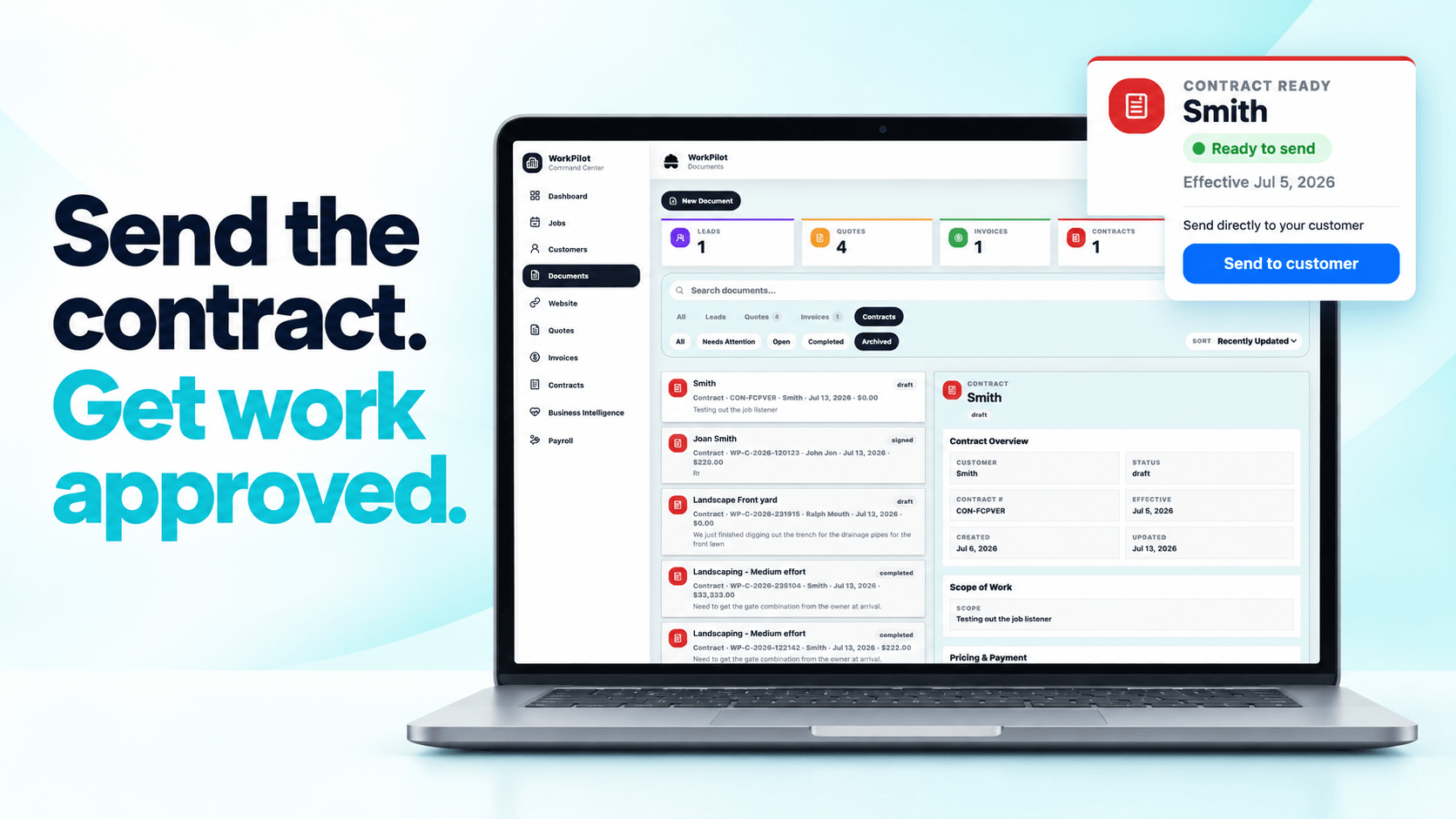 WorkPilot contract ready to send directly to a customer