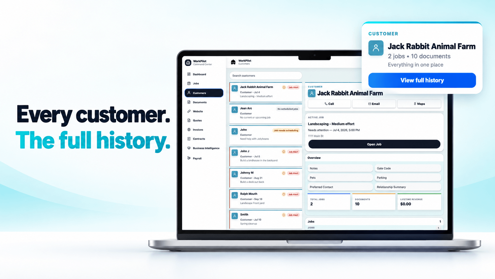 WorkPilot customer profile showing jobs, documents, and full customer history