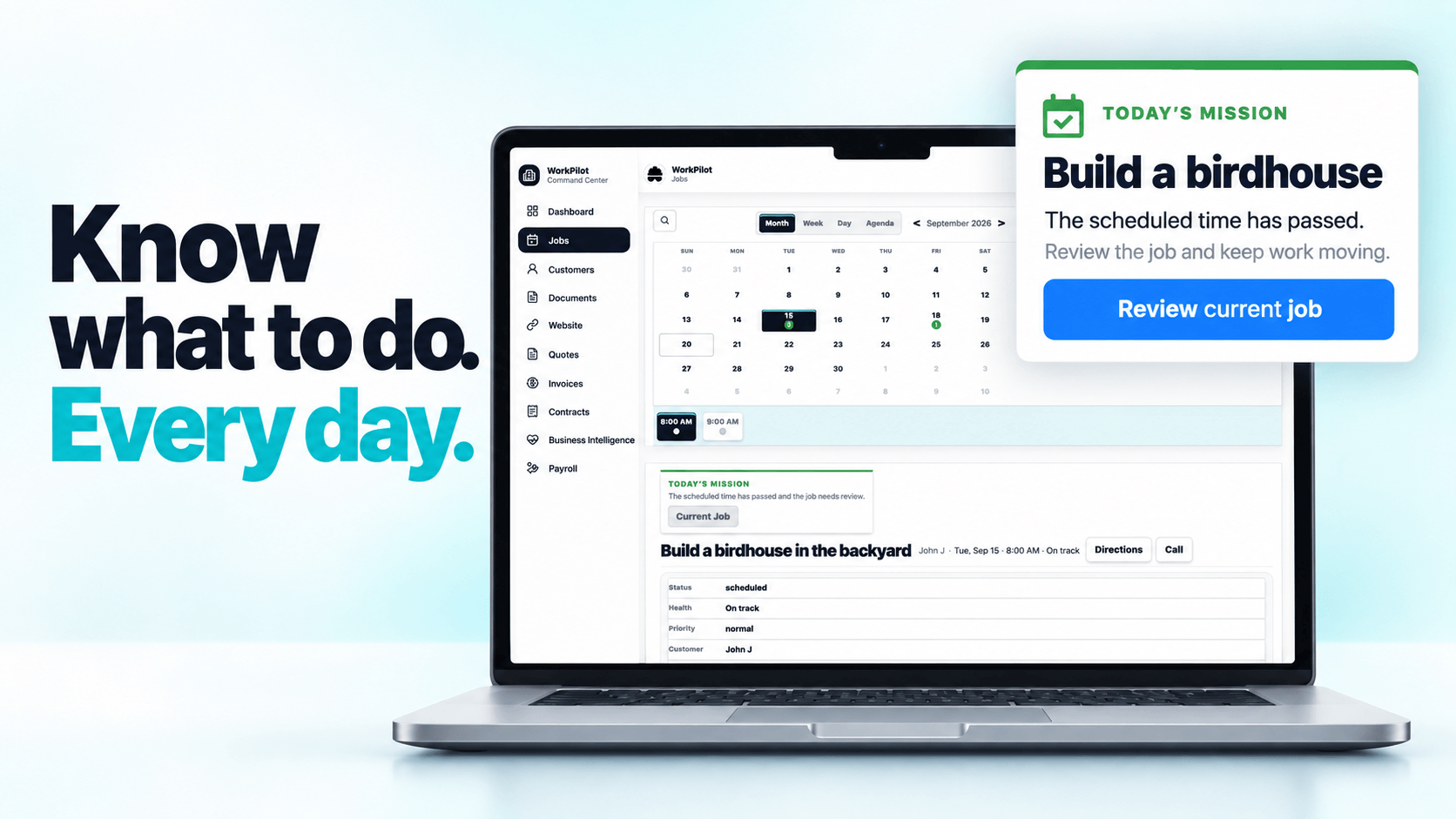 WorkPilot jobs calendar with a smart Today's Mission recommendation