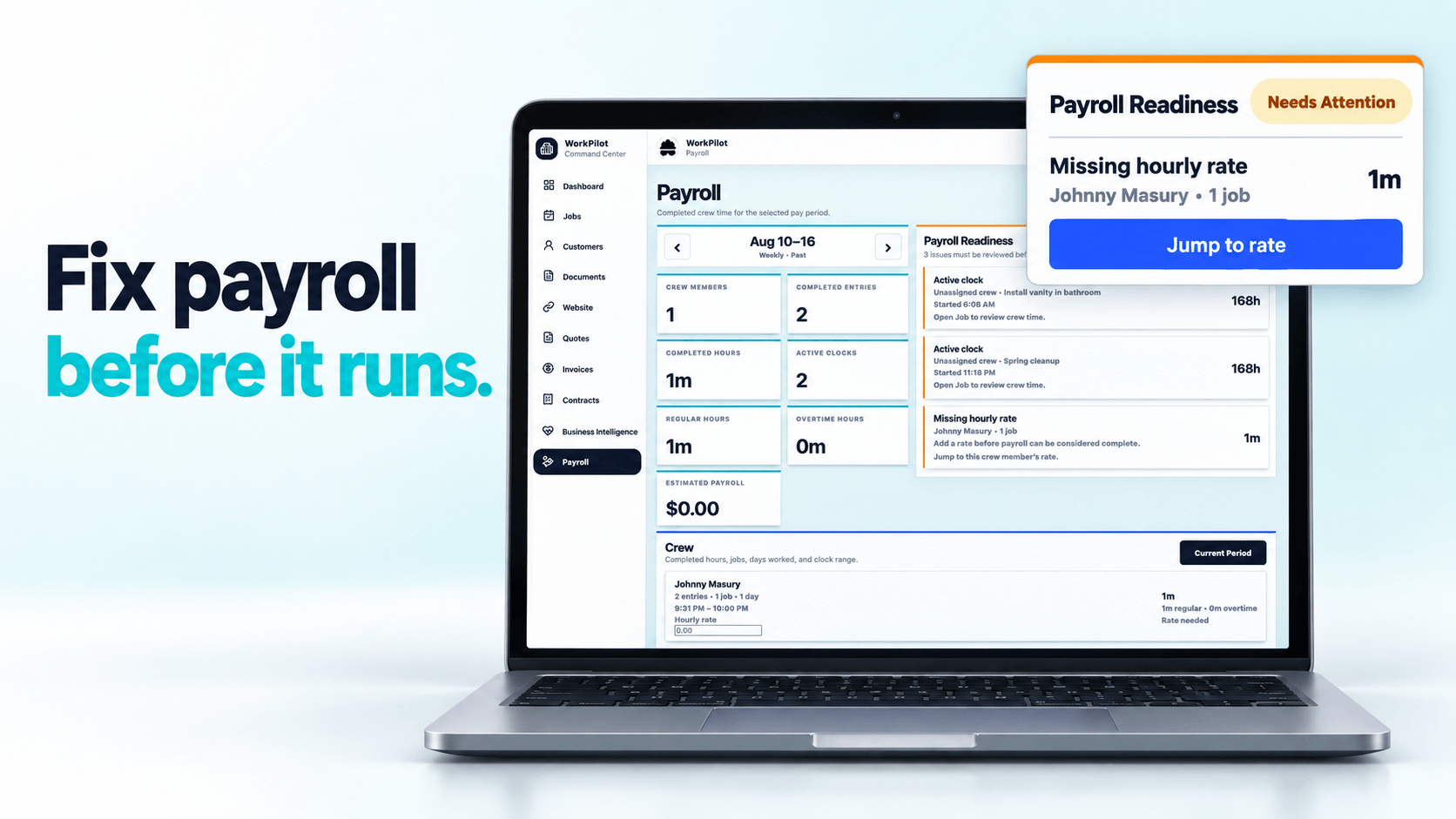 WorkPilot payroll readiness tools highlighting an issue that needs attention