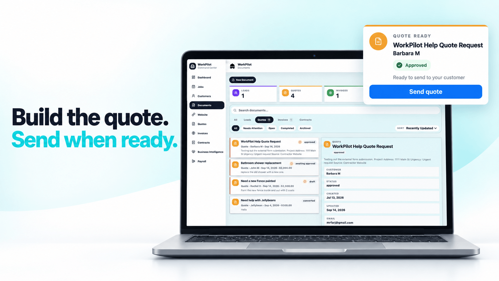 WorkPilot approved quote ready to send to a customer